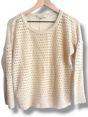 White + Warren 100% Cashmere Cream Beige Open-Knit Pullover Sweater Size Medium